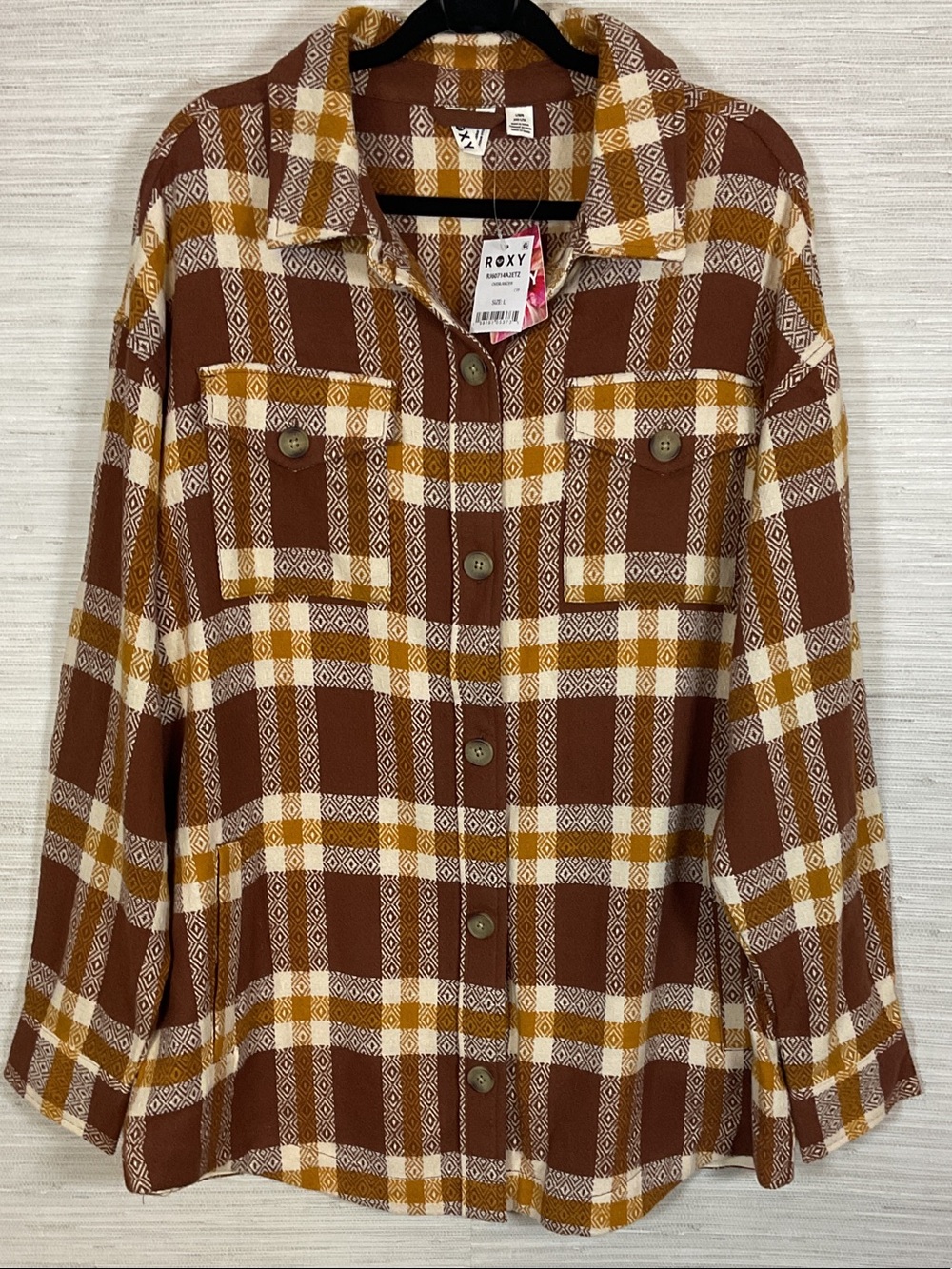 Roxy Overlander Brown, Cream & Mustard Plaid Long Utility Shacket Lg. NWT